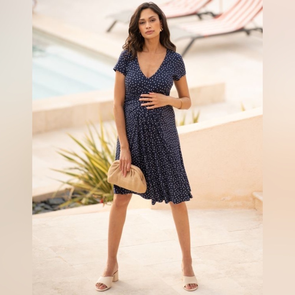 Seraphine Maternity Jersey Knit Dress Cap Sleeve Navy Blue Polka Dot NWT - Picture 11 of 13